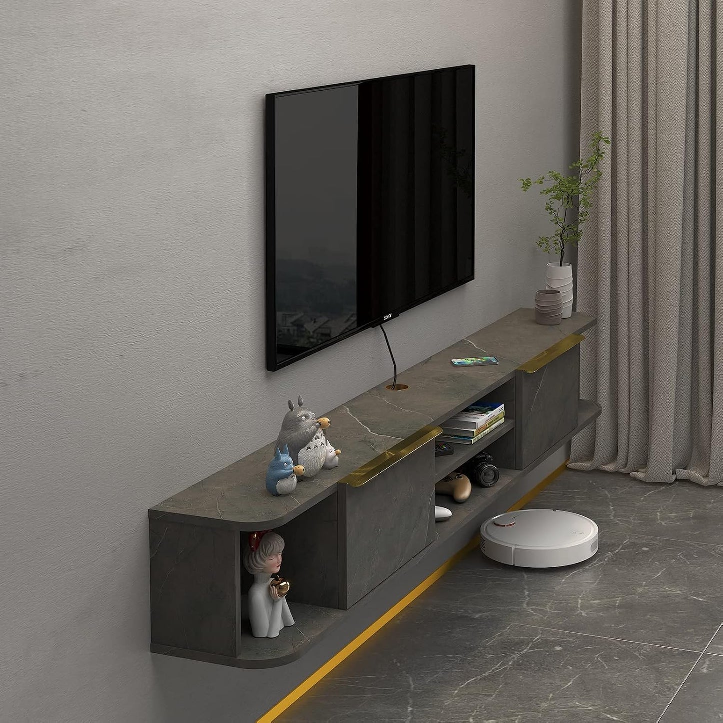 Pmnianhua Floating TV Stand with 2 Drawers,70'' Wall Mounted Floating TV Shelf,Floating Shelf for Under TV,Floating TV Unit with Cabinets for Bedroom Living Room(Grey)