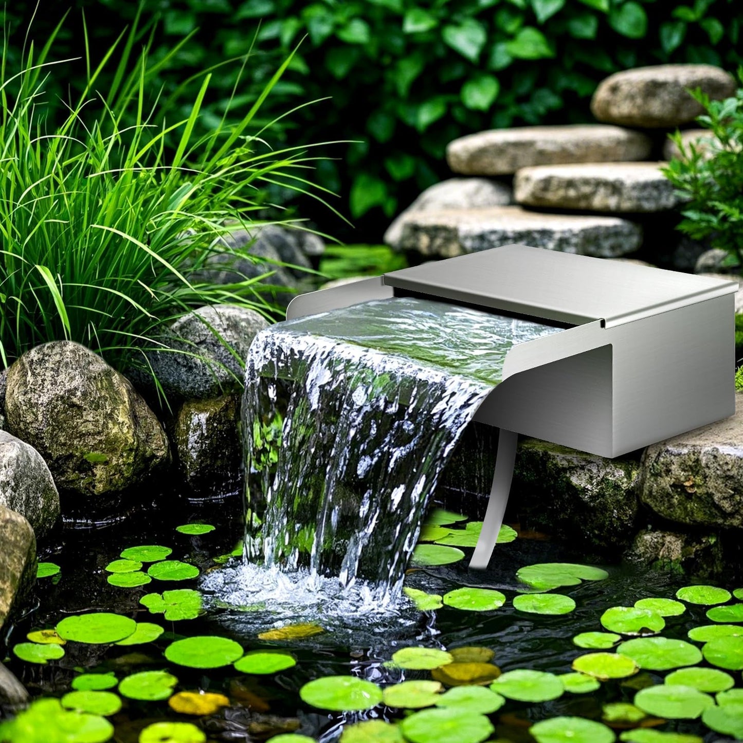 Pond Waterfall Spillway with Filter and Pump Kit - 304 Stainless Steel Ponds Waterfall Box,800 GPH Pump,9.8FT Oxford Hose,Garden Water Features