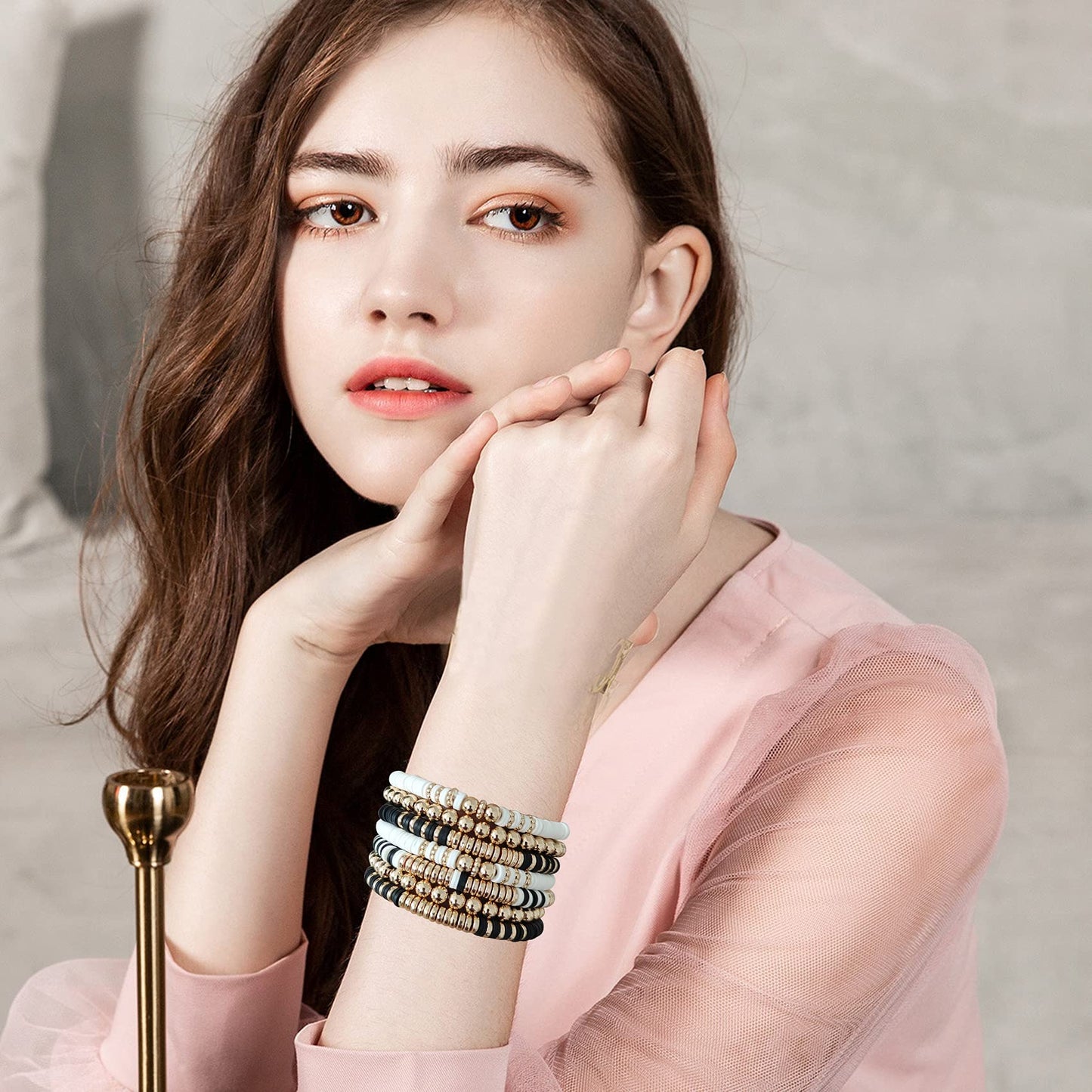 GOOJIDS Black Surfer Heishi Clay Bead Bracelets for Women Bohemian Stackable Gold Plated Beaded Stretch Bracelets Elastic Layering Friendship Bracelets Set Jewelry Gift