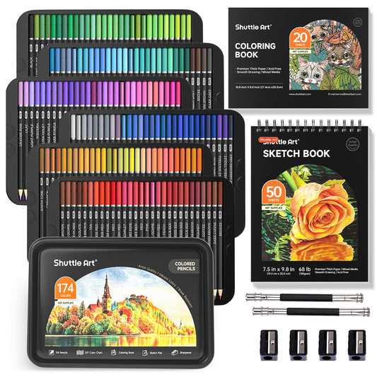 Shuttle Art 174 Colored Pencils for Adults, Soft Core Coloring Pencils Set with 1 Coloring Book, 1 Sketch Pad, 4 Sharpener, 2 Pencil Extender, Perfect for Artists Kids Adults, Drawing