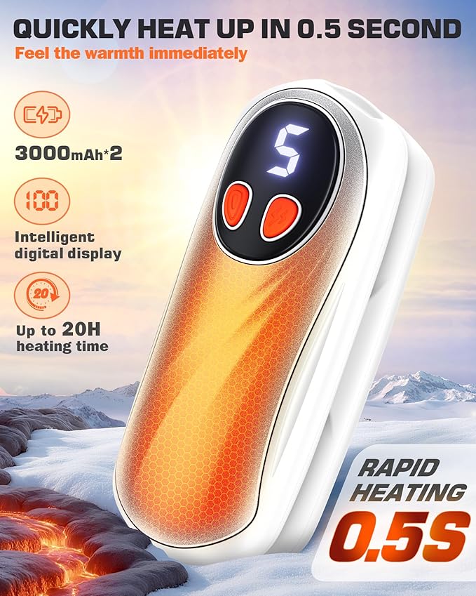 Hand Warmers Rechargeable 2 Pack, 6000mAh Electric Hand Warmers, 5-Level Heating with Battery Display, Reusable Portable Pocket Heater, Gifts for Christmas, Outdoor, Golf, Travel, Hunting, Camping