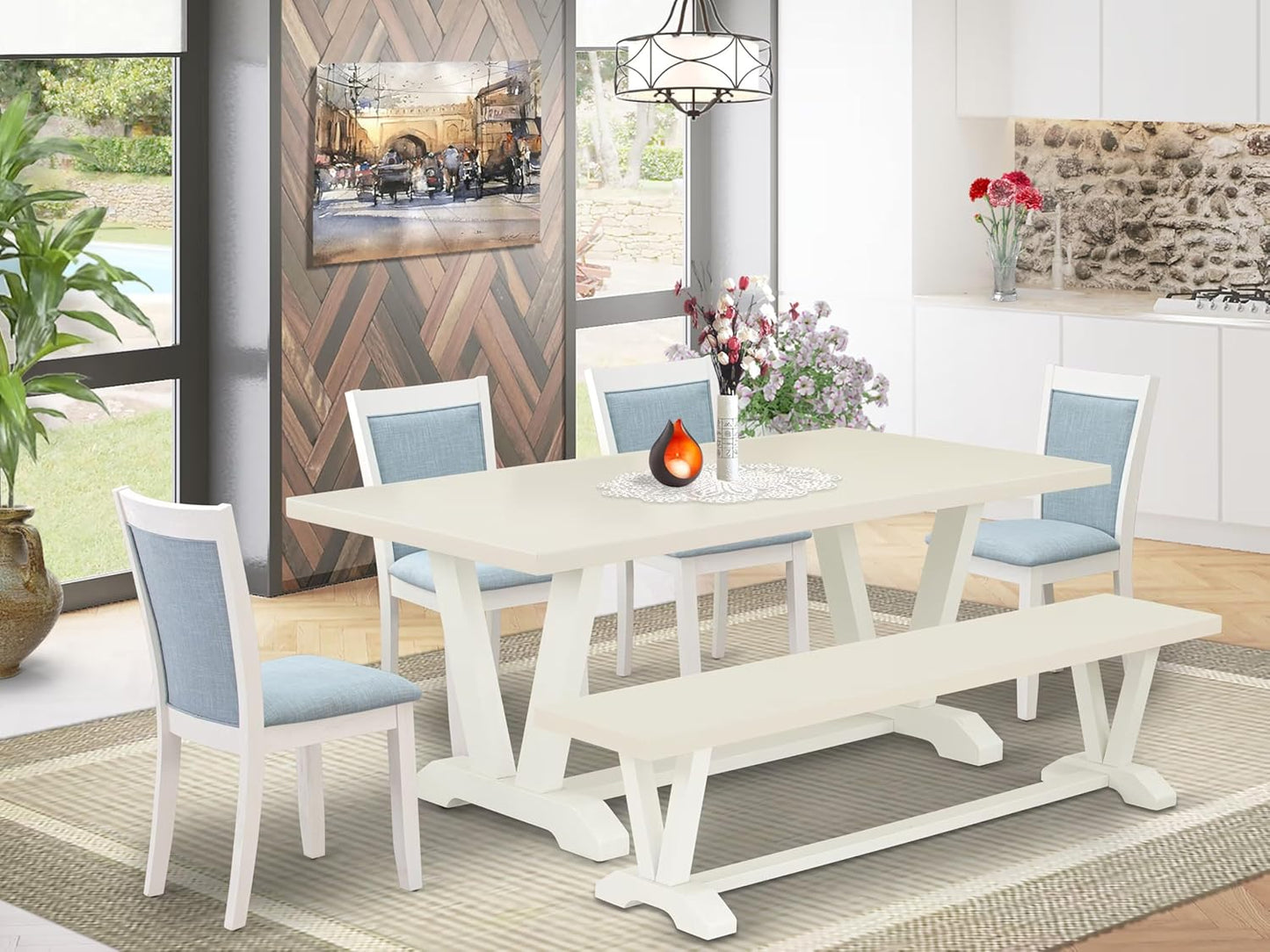 East West Furniture V027MZ015-6 6 Piece Dining Table Set Contains a Rectangle Dining Room Table and 4 Baby Blue Linen Fabric Parson Chairs with a Bench, 40x72 Inch, Multi-Color