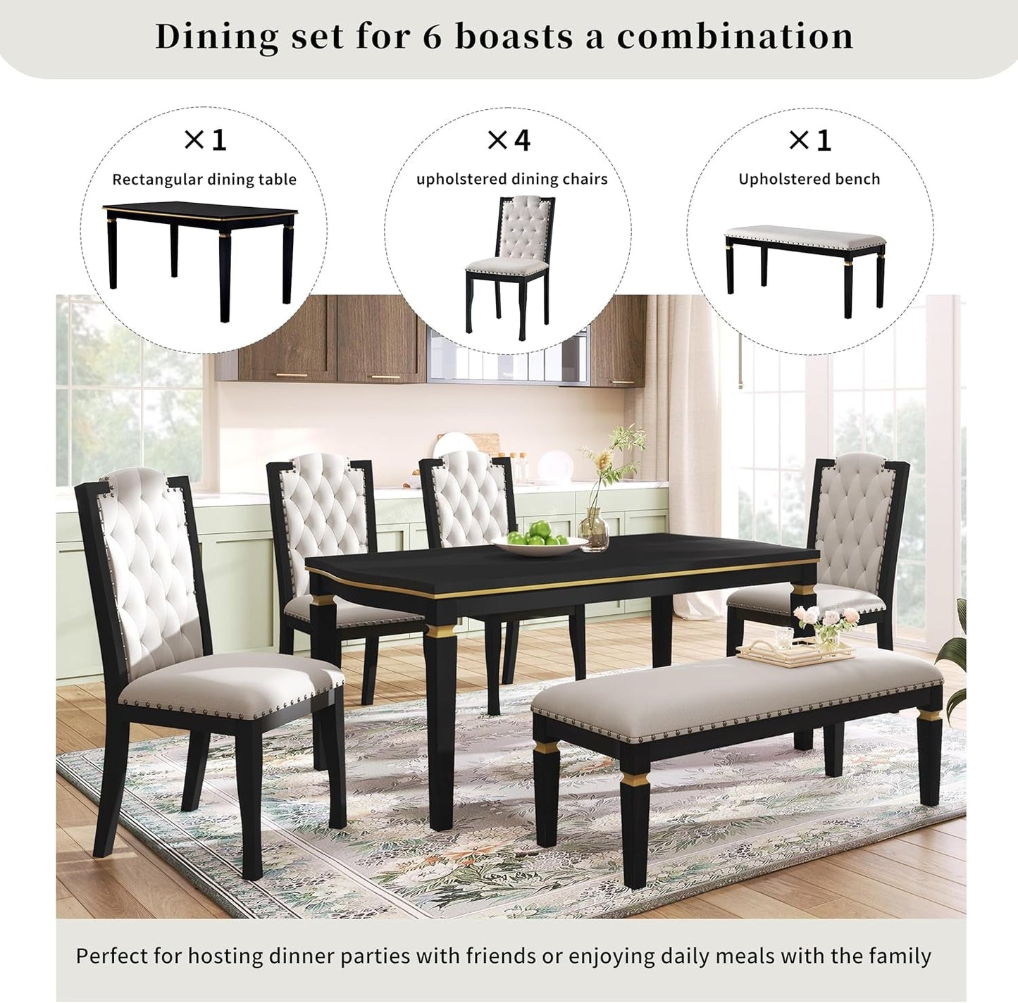 6-Piece Dining Table Set, 60" Solid Wood Rectangular Table with 4 Upholstered Chairs and 1 Bench, Modern Farmhouse for Kitchen Room, Black