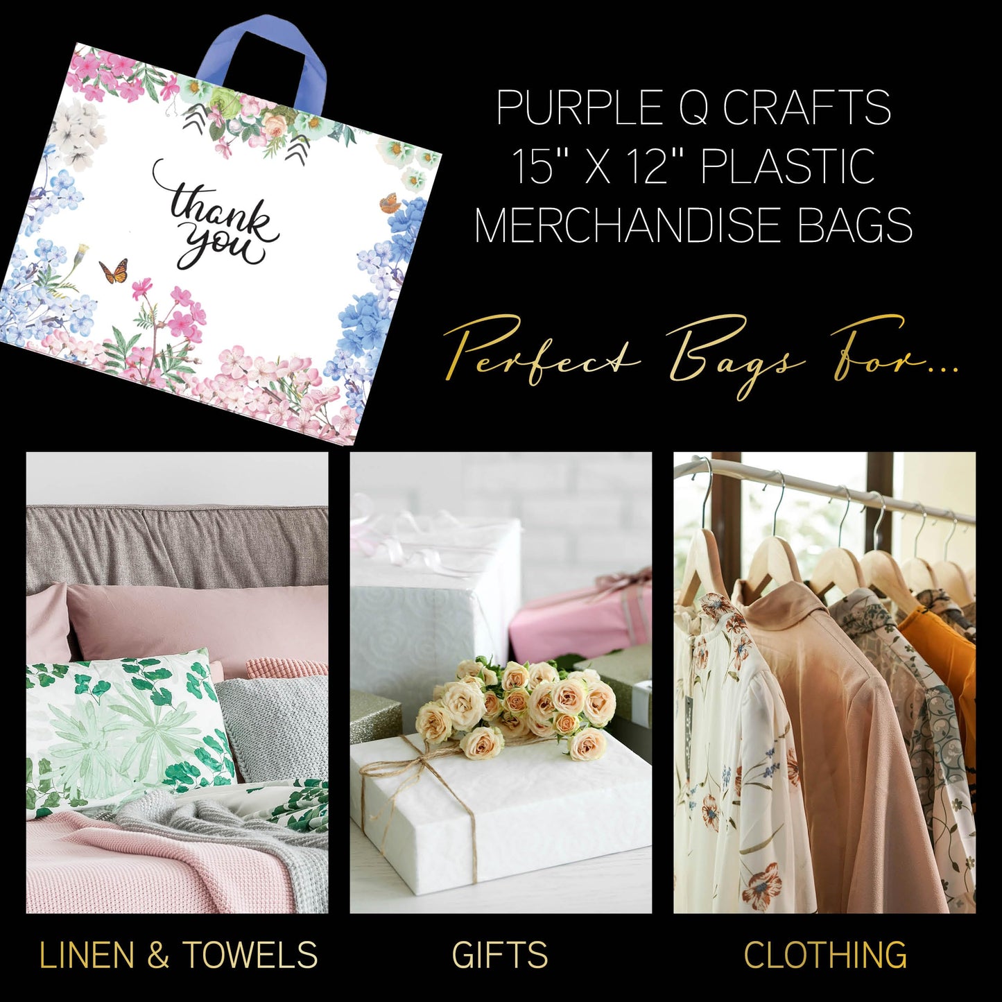 Purple Q Crafts Thank You Bags With Soft Loop Handle for Business Retail, Boutique Bulk 50 Pack 15" W x 12" H Floral Plastic Shopping Bags/Gift Bags Perfect For Mothers Day