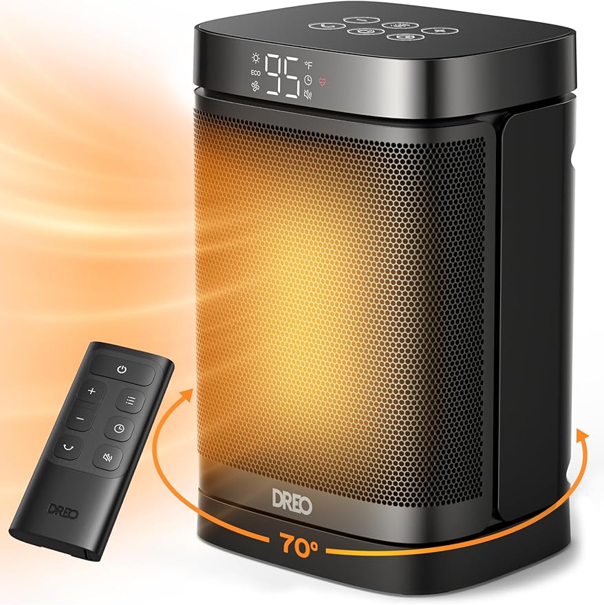 DREO Space Heater, 1500W Portable Electric Heaters for Indoor Use, PTC Ceramic Heater for Office with Remote, Thermostat, 70°Oscillation, 12H Timer, 5 Modes, Safe Quiet Room Heater for Bedroom