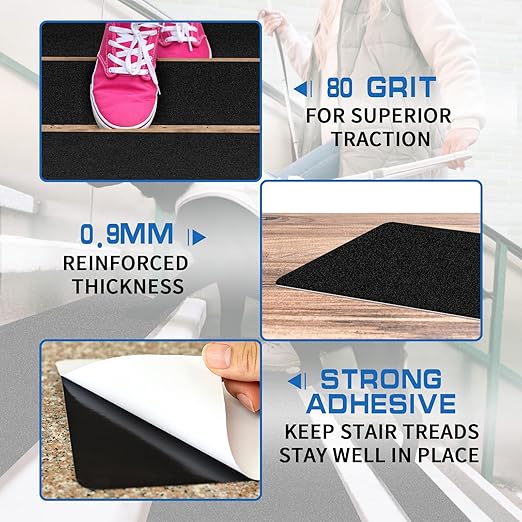 LadyRosian Outdoor Stair Treads Non Slip 5-Pack Black 6" x 30" - Weather Resistant Adhesive Heavy Grip Tape - Waterproof Anti Skid Strips