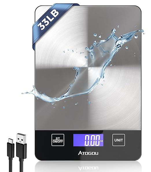 Atogou Food Scale, 33lb Rechargeable Kitchen Scale with Full-View Backlit LCD Display, Waterproof Stainless Steel Surface, Type-C Charging, Grams and Ounces for Baking, Cooking, Food Black