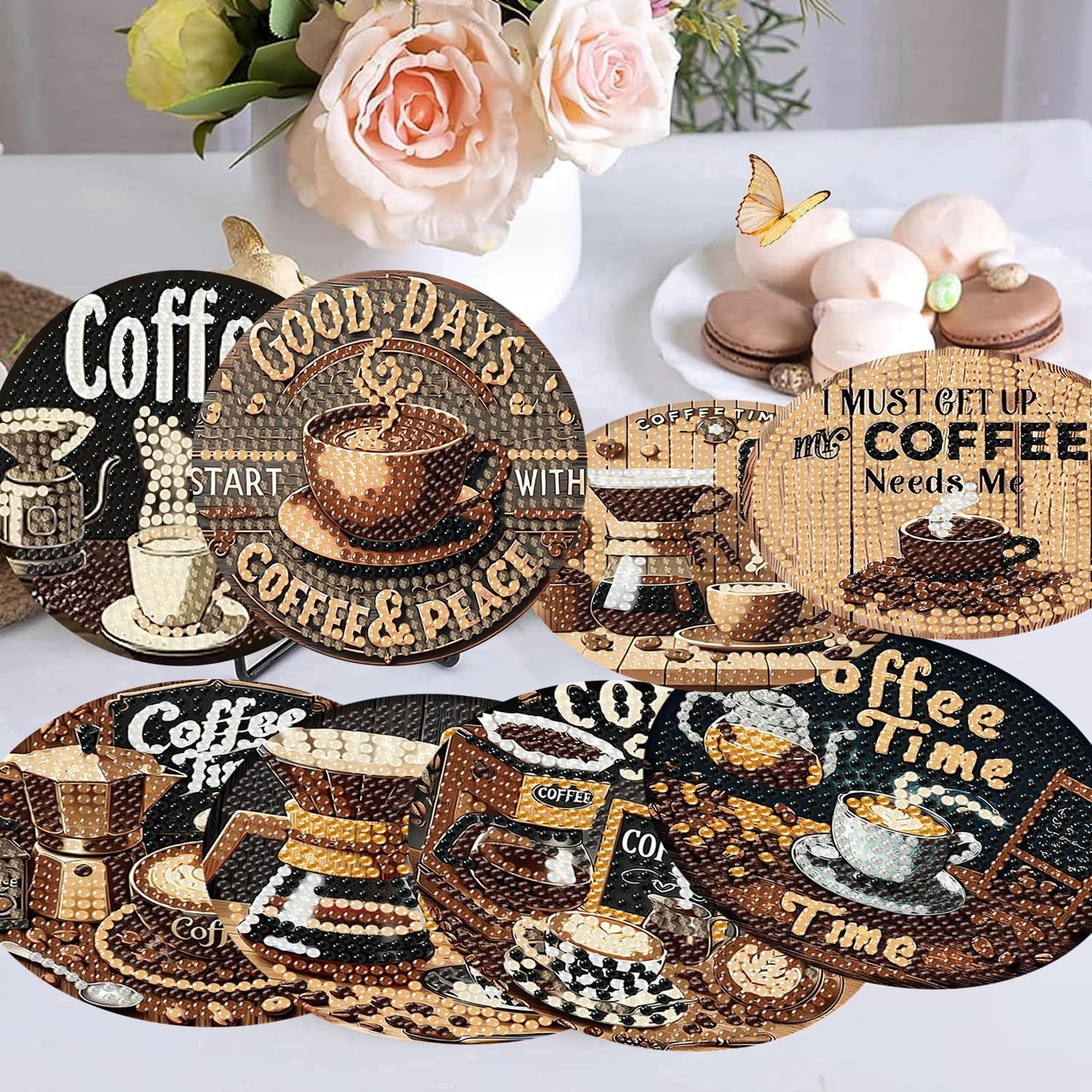 8 Pcs Coffee Diamond Art Coasters Kits, Coffee Diamond Painting Coasters Kit Set with Holder Cork Pads, DIY Diamonds Art Non Slip Coaster Crafts Kits for Adults Beginners Gifts