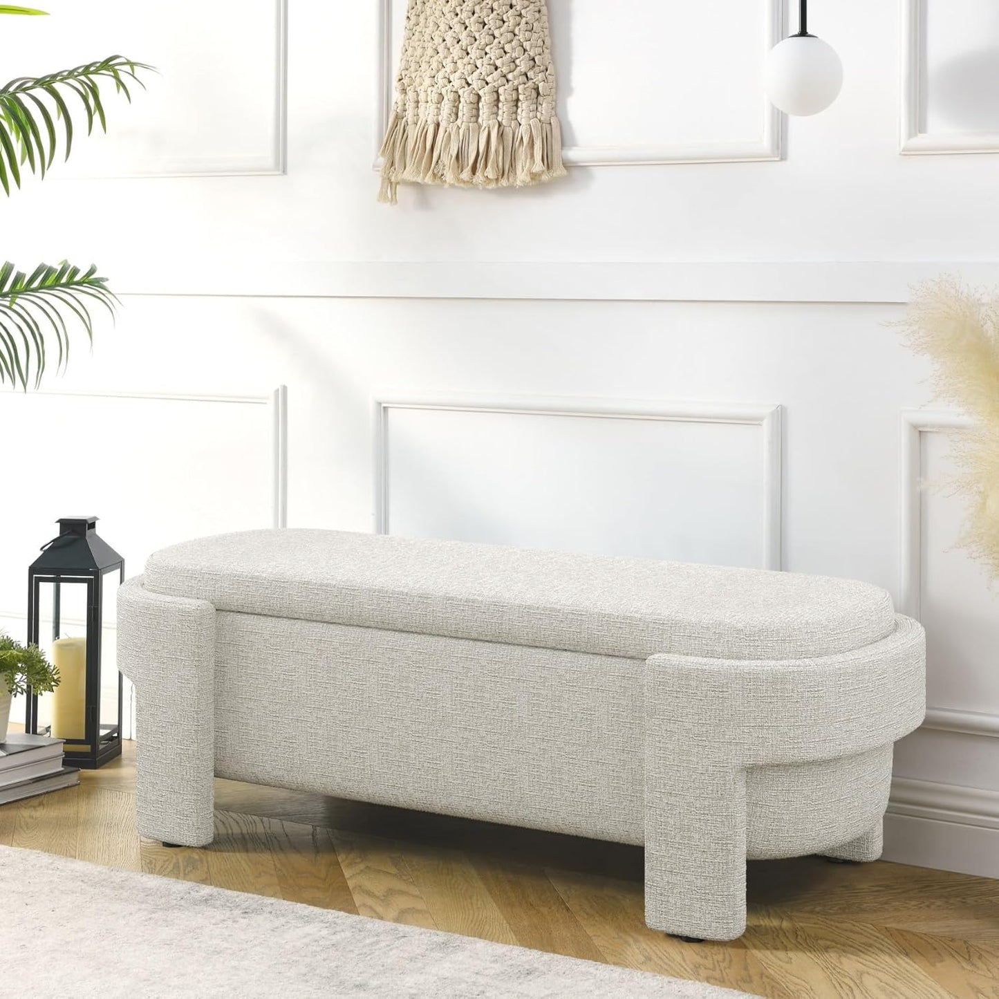 KEIKI 51" Linen Ottoman Bench with Large Storage Space, Upholstered Seating Foot Rest Stool Furniture for Bedroom, Living Room, Entryway, Beige Stripe