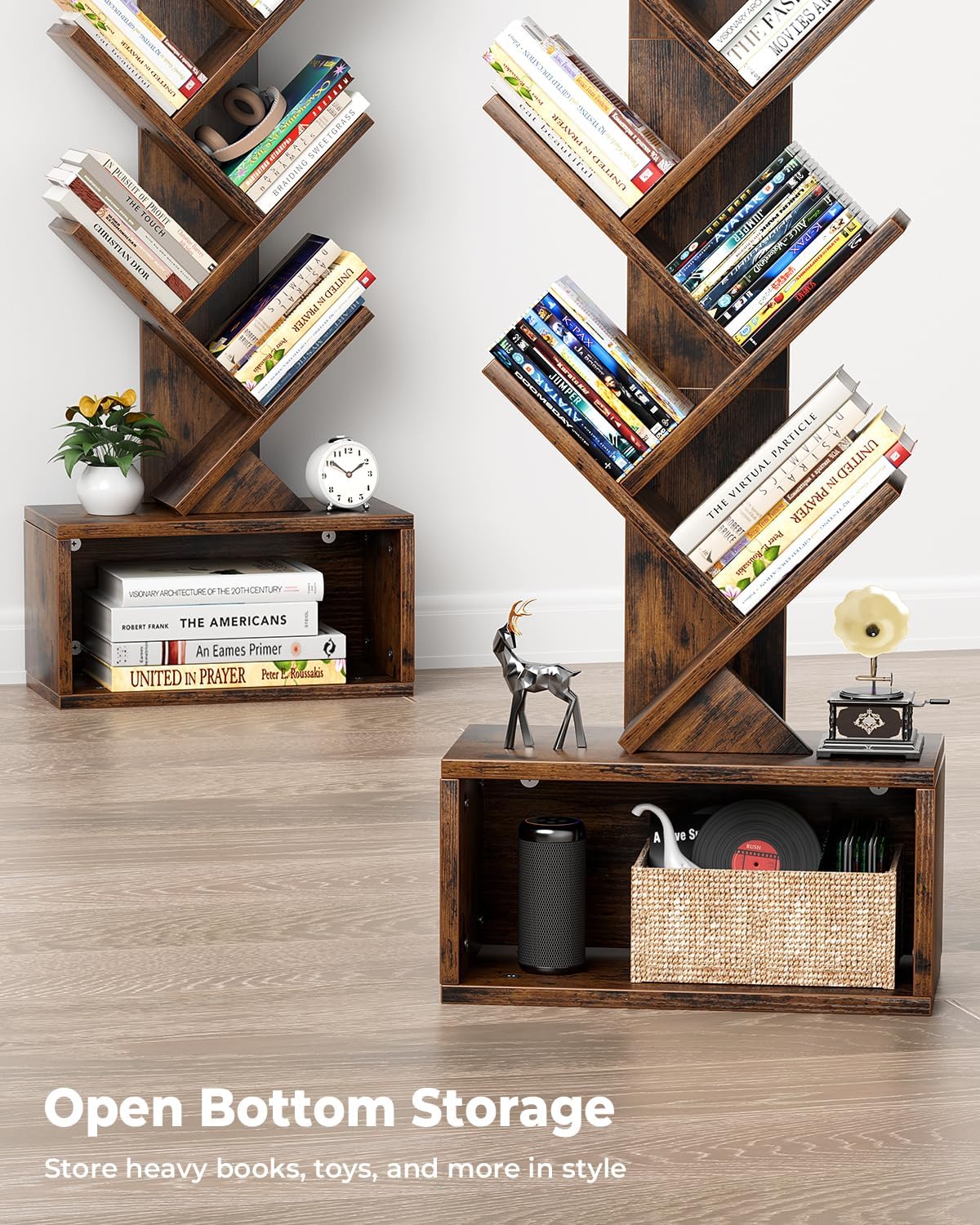 Tree Bookshelf with Light, 6 Tier Small Bookcase, Narrow Floor Standing Book Tower Organizer with Storage Cabinet for Living Room, Bedroom and Home Office, Rustic Brown