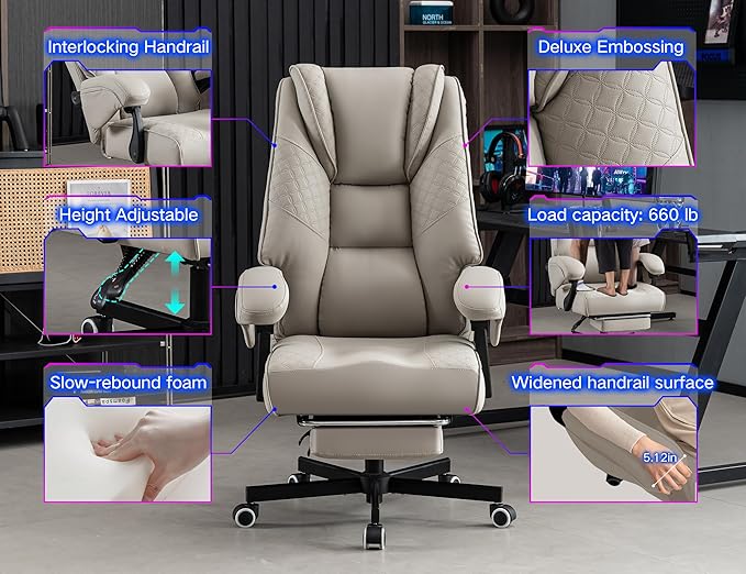 Big and Tall Office Chair 400lbs Heavy Duty Gaming Chair with Foot Rest & Lumbar Support, Ergonomic Wide Comfy Seated Cushion for for Gaming Room,Office Room, Beige