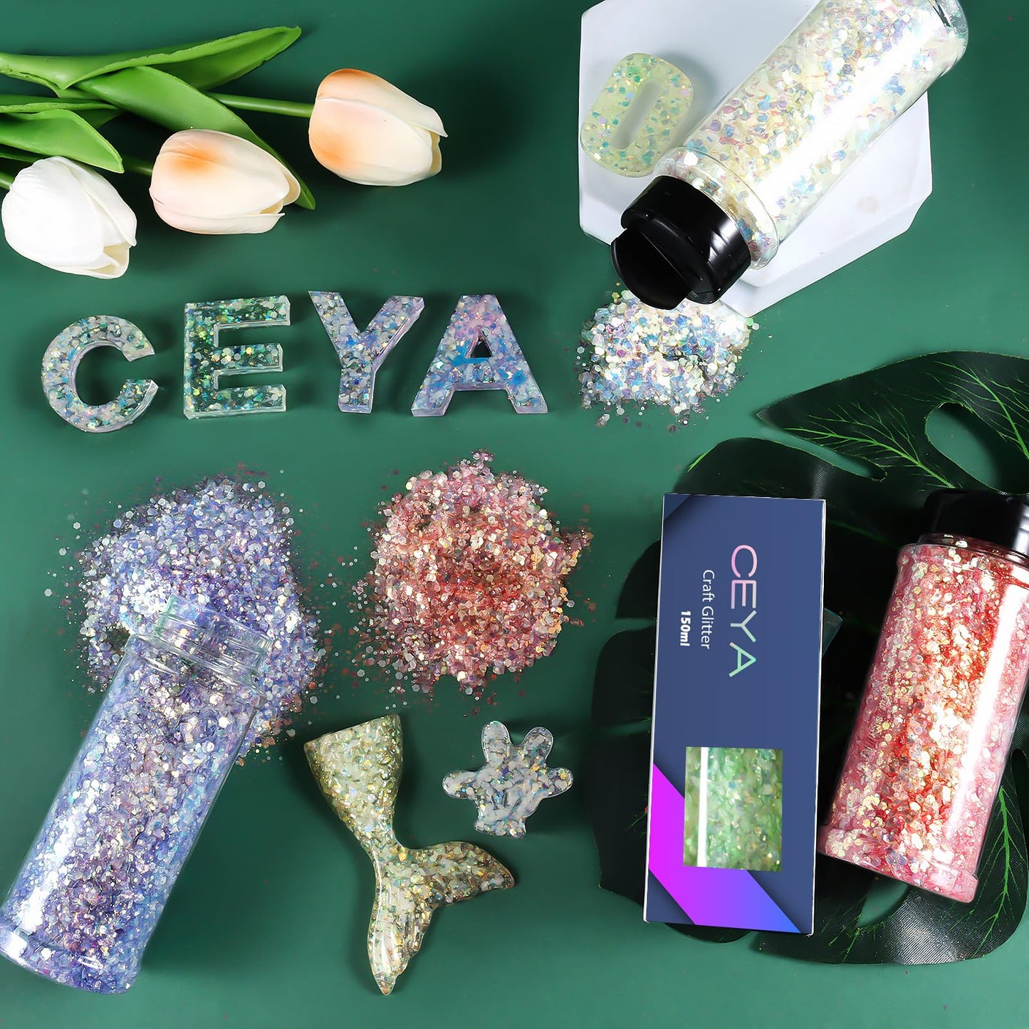 Ceya Glow in The Dark Glitter, 3.3oz/ 95g White Luminous Chunky Glitter Mix Fine Powder Flakes Fluorescent Nail Sequins for Epoxy Resin, Tumblers, Halloween Party, Festival Decor