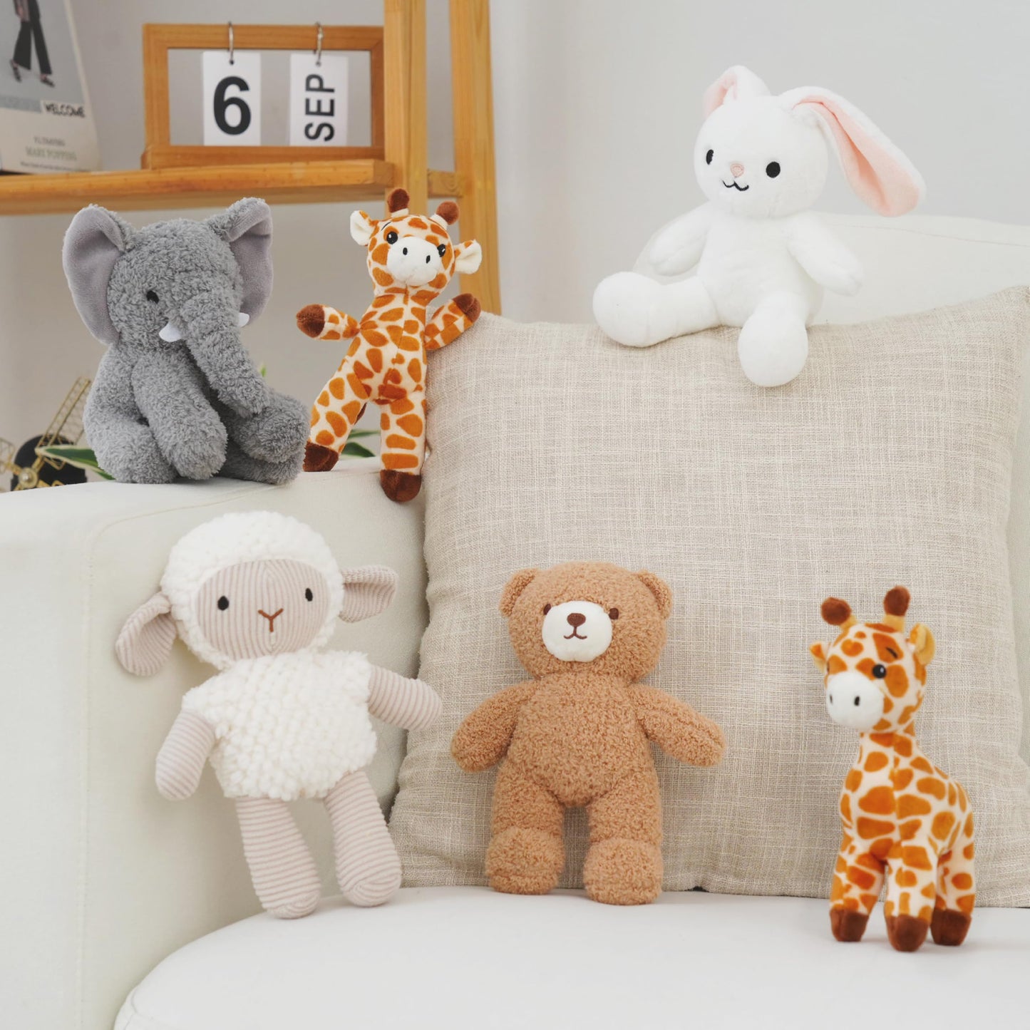 AmyToo 6 Pcs Stuffed Animals Bulk, 8 Inch Small Stuffed Safari Animals, Zoo Stuffed Animals Set (Sheep Elephants Bear Giraffe Bunny) Baby Shower Party Decor, Easter Gift for Classroom Kids, Girls