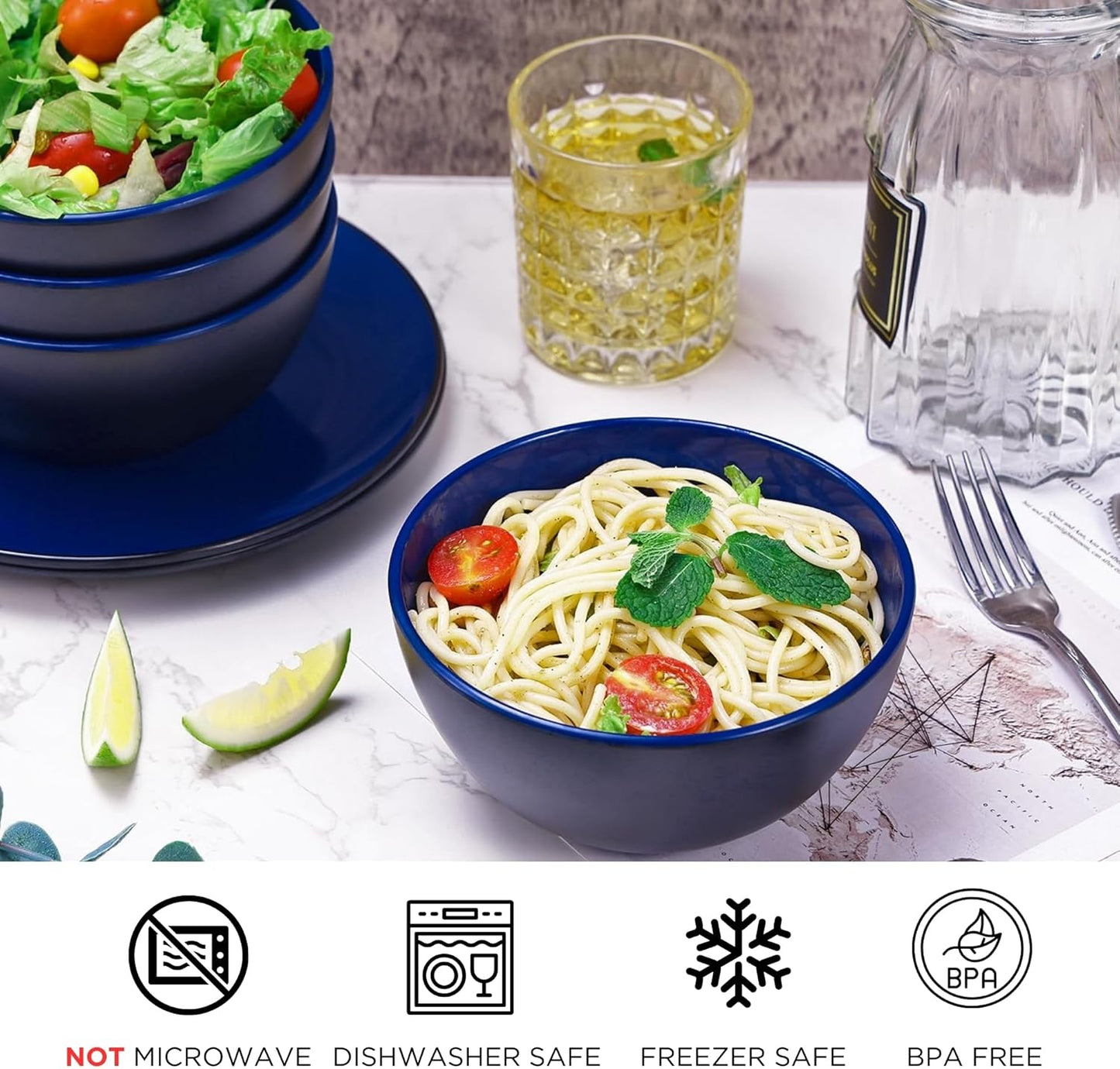 TP 12-Piece Dinnerware Set, Melamine Dishes Set with Bowls and Plates, Non-breakable and Lightweight Dinner Service for 4, Black and Blue