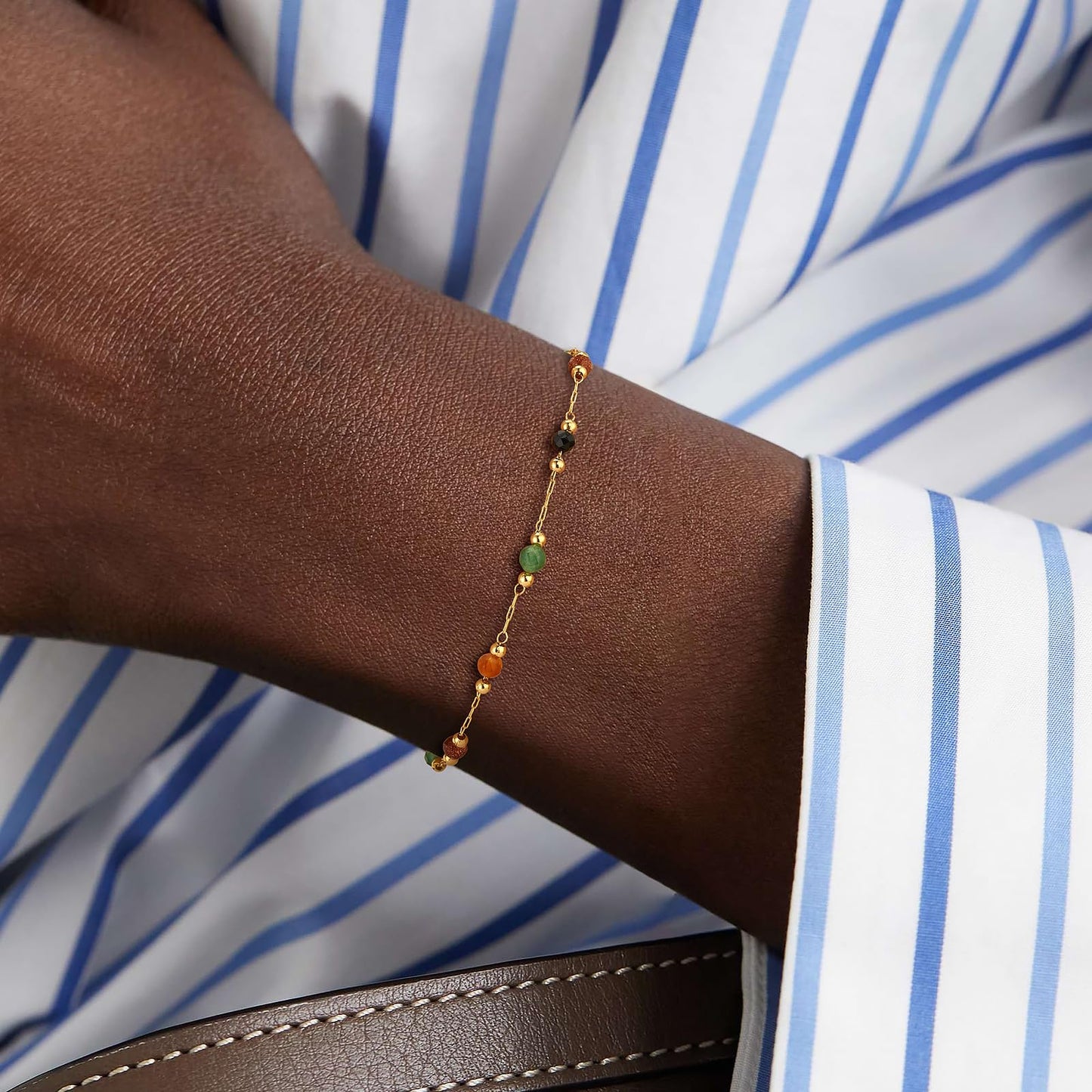 MEVECCO Gold Bracelet for Women 18K Gold Plated Colorful Agate Stone Custom Handmade Mixed Beaded Charm Chain Bracelet Stack Jewelry Gifts