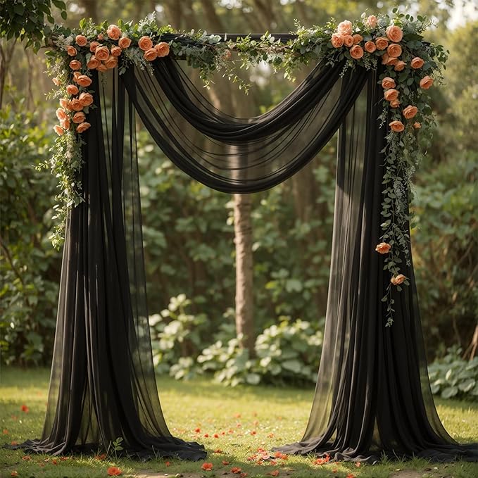 Wedding Arch Draping Fabric, 2 Panels 18FT Black Sheer Backdrop Curtain Chiffon Fabric Drapery Voile Scarf Draping Panels for Wedding Archway Ceremony Curtain Valance Party Decoration