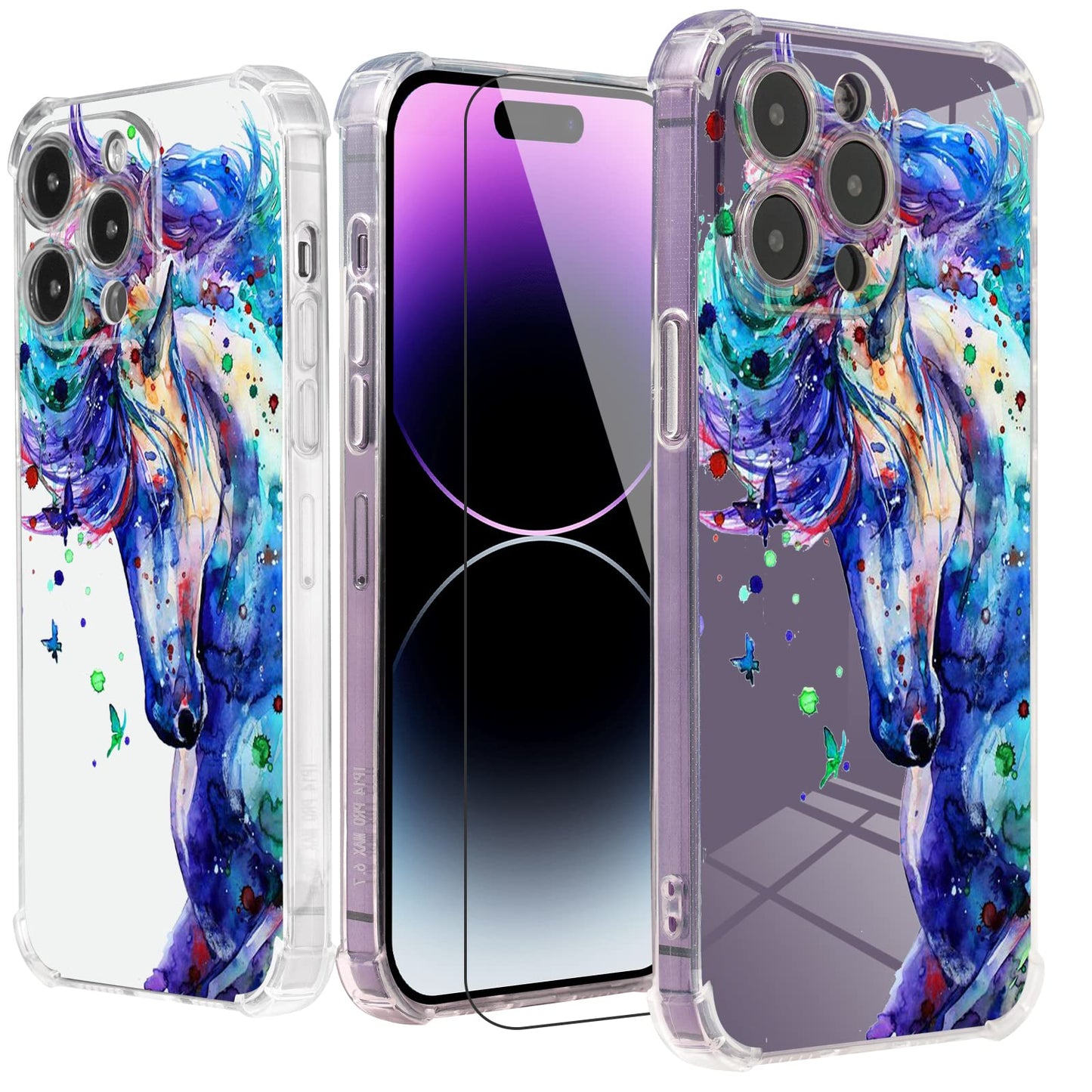 Roemary Purple Case For Iphone 12 Mini With Blue Horse Design,Watercolor Pattern With Screen Protector [Buffertech 6.6 Ft Drop I