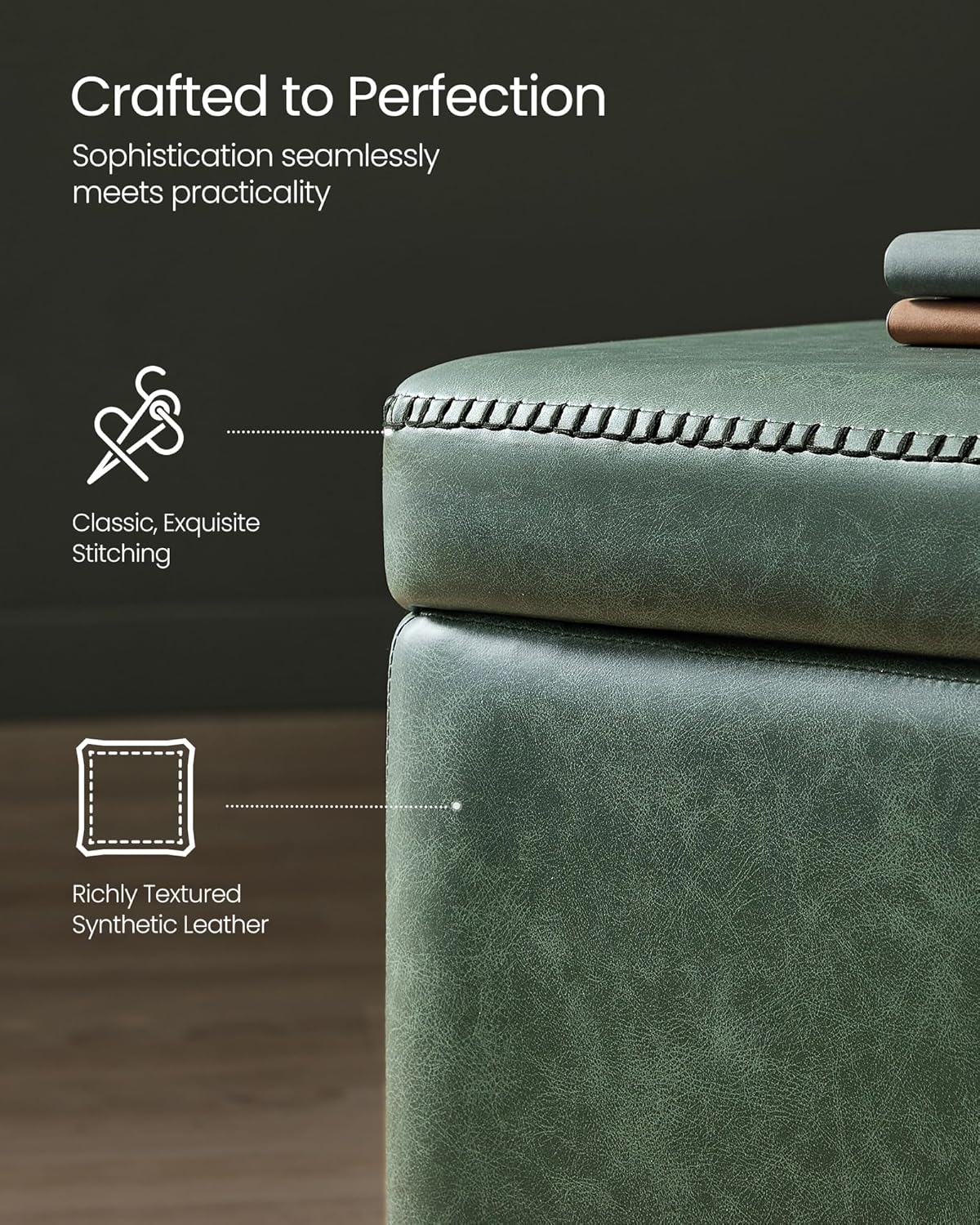 VASAGLE EKHO Collection - Storage Ottoman Bench, Entryway Bedroom Bench, 25 Gallons, Synthetic Leather with Stitching, Mid-Century Modern, Safety Hinges, Loads 660 lb, Forest Green ULOM075C01