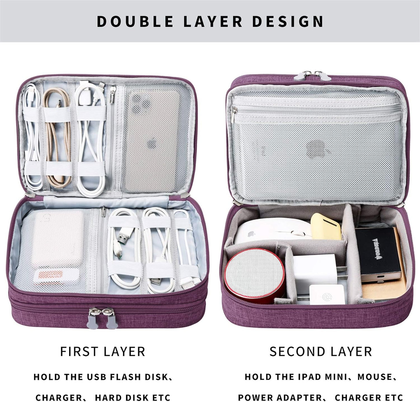 MIRLEWAIY Travel Electronics Organizer Soft Case Small Electronic Accessories Carrying Bag Double-Layer for Cords Phone Chargers Cables Earbuds Adapter Mouse, Purple