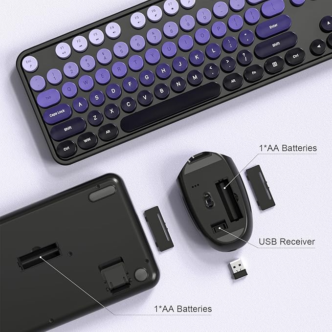 Wireless Keyboard and Mouse Combo, 104 Keys Full Size Typewriter Keyboards, 2.4G USB Plug and Play for Windows 7 8 10 11, PC, Laptop, Desktop, Black & Purple