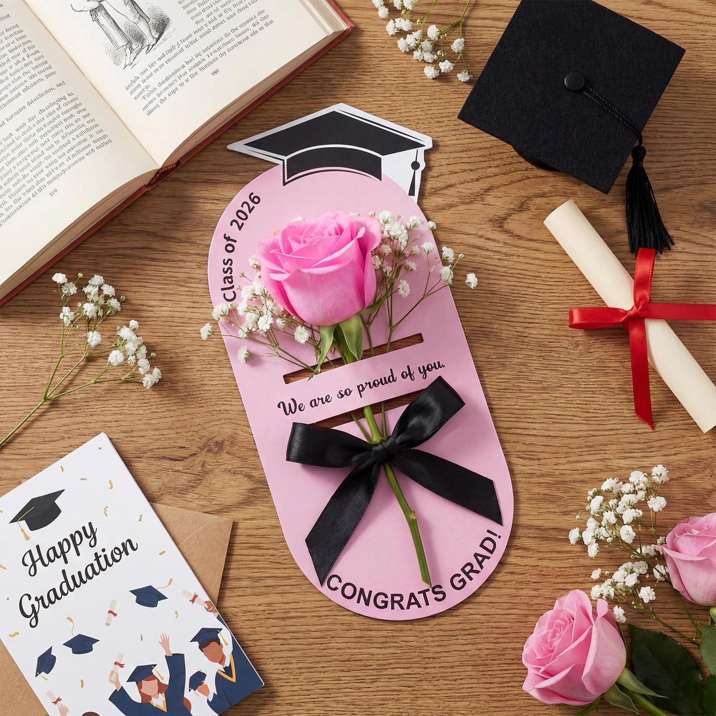 Sabary 24 Pcs Graduation Single Flower Card Sleeve Class of 2026 Fake Rose Sunflower Single Bouquet Flower Holder Wrapping Portable with Ribbon Grad Gift Packaging for College Grad High School(Pink)
