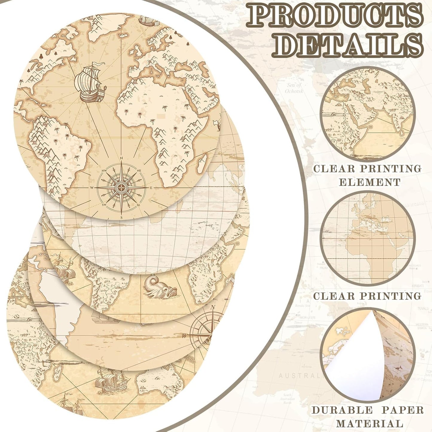 Eaasty 50 Disposable World Map Paper Placemats Vintage World Map for Old Paper Retro Style Decorative Travel Adventure Table Mat for Geography Learning Education Traveler Theme Crafts (12.6 x 12.6'')