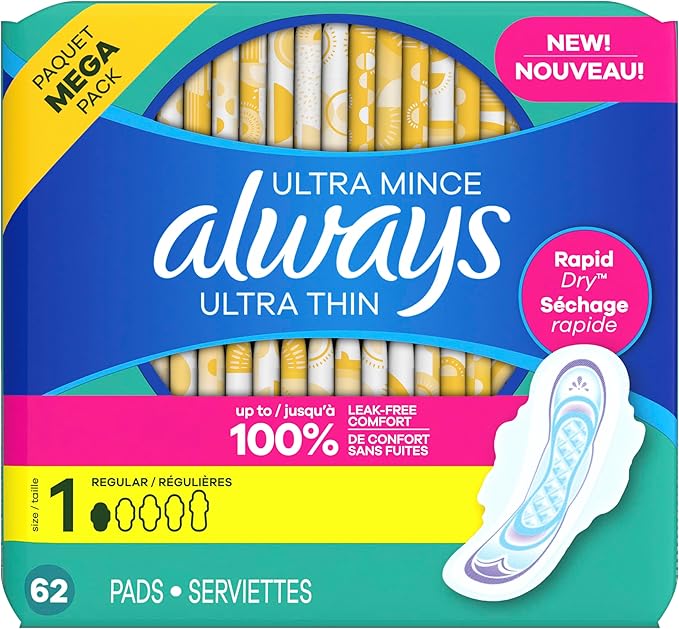 Always Ultra Thin Pads with Wings, Size 1, Regular, 62 Count