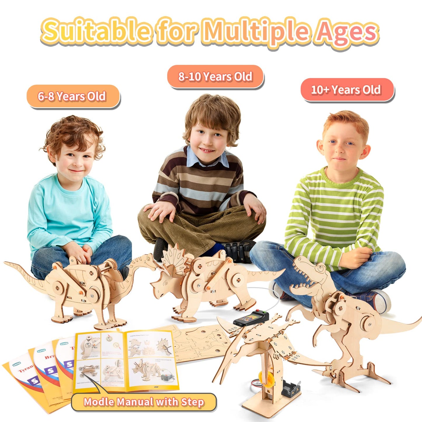 Dinosaur STEM Kits for Kids Ages 8-10-12, 4 in 1 Wood Building Toys for Boys Age 8-12, Build It Yourself Woodworking Kit, DIY 3D Wooden Puzzles Model Science Crafts for Kids, Stem Projects
