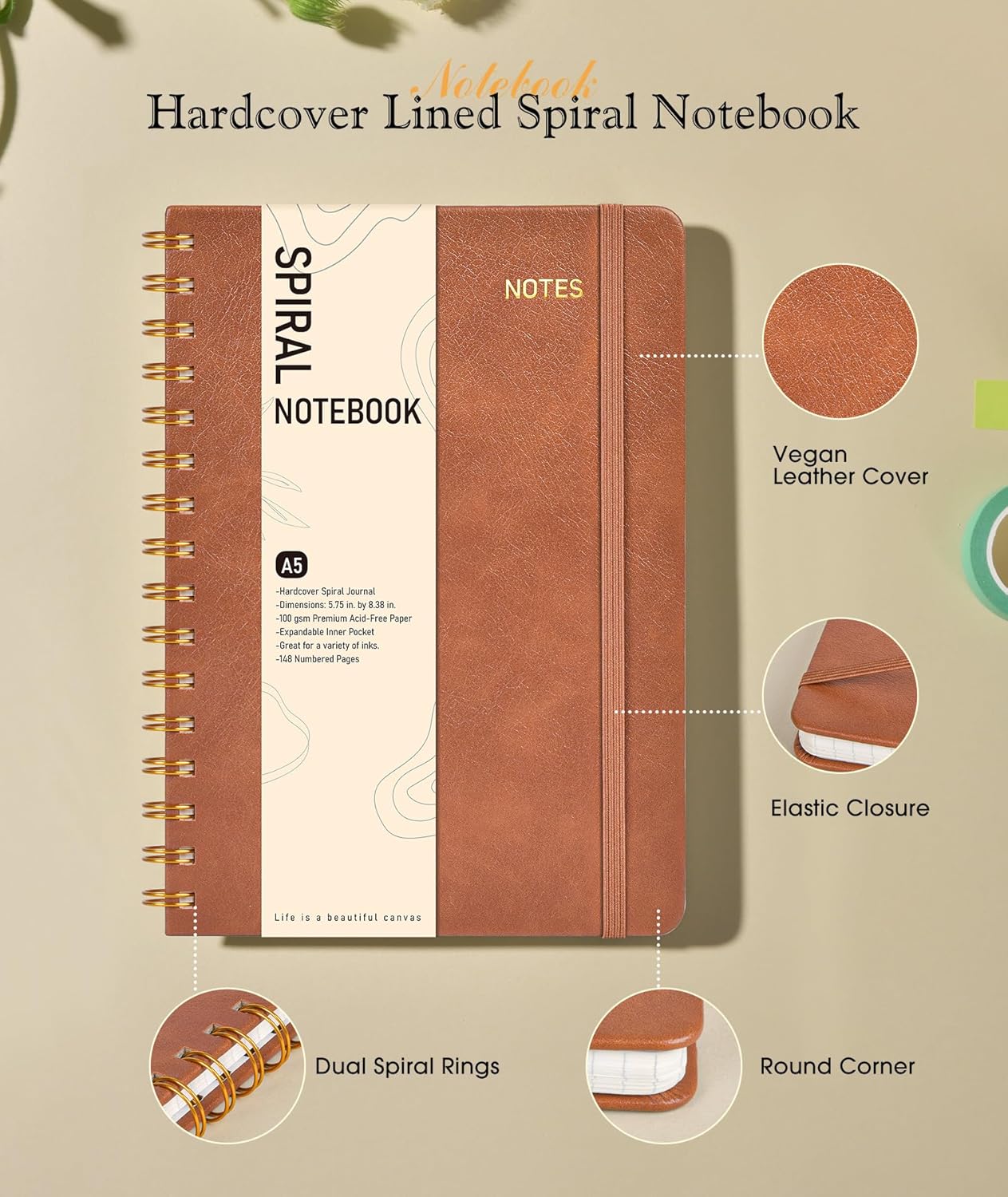 Graph Spiral Journal Notebook, A5 Hardcover Spiral Journals for Women Men, 100 GSM Graph Paper Notebooks, 150 Pages Spiral Bound Grid Notebook for Writing Note Taking Work 5.75" x 8.38", Brown