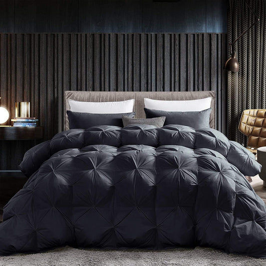 Luxurious All-Season Goose Down Feather Fiber Comforter Super King Size Duvet Insert (120x120), Exquisite Pinch Pleat Design- Black, Premium Baffle Box, 100% Egyptian Cotton Cover, 85 oz. Fill Weight