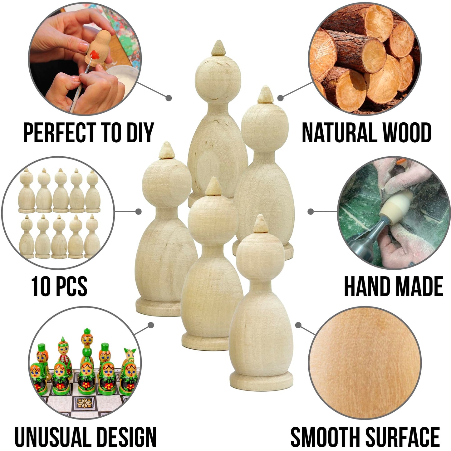 Wooden Peg Dolls Unfinished Paintable Figurines 10 pcs 2.8'' - Unfinished Wood Crafts to Make Your Own Key Holder, Fridge Magnets, Peg People Dollhouse Family