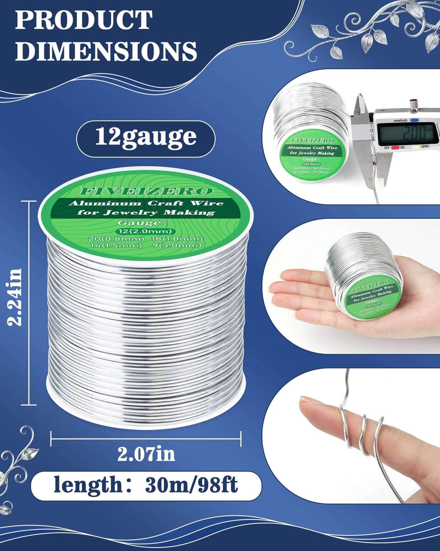 FIVEIZERO 12 Gauge Aluminum Craft Wire 98ft,Armature Wire for Sculpting, Bendable Metal Wire for Jewelry Making, Wire Wrapping, Floral Sculptures,Clay & Christmas Ornaments Crafting(Sliver)