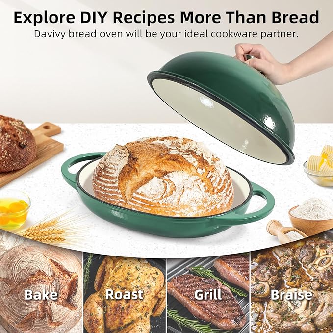 Davivy Cast Iron Oval Bread Pan with Lid 6QT, Dutch Oven for Sourdough Bread, Non-stick Cast Iron Sourdough Baking Pan with Silicone Oven Mitts - Foreset Green