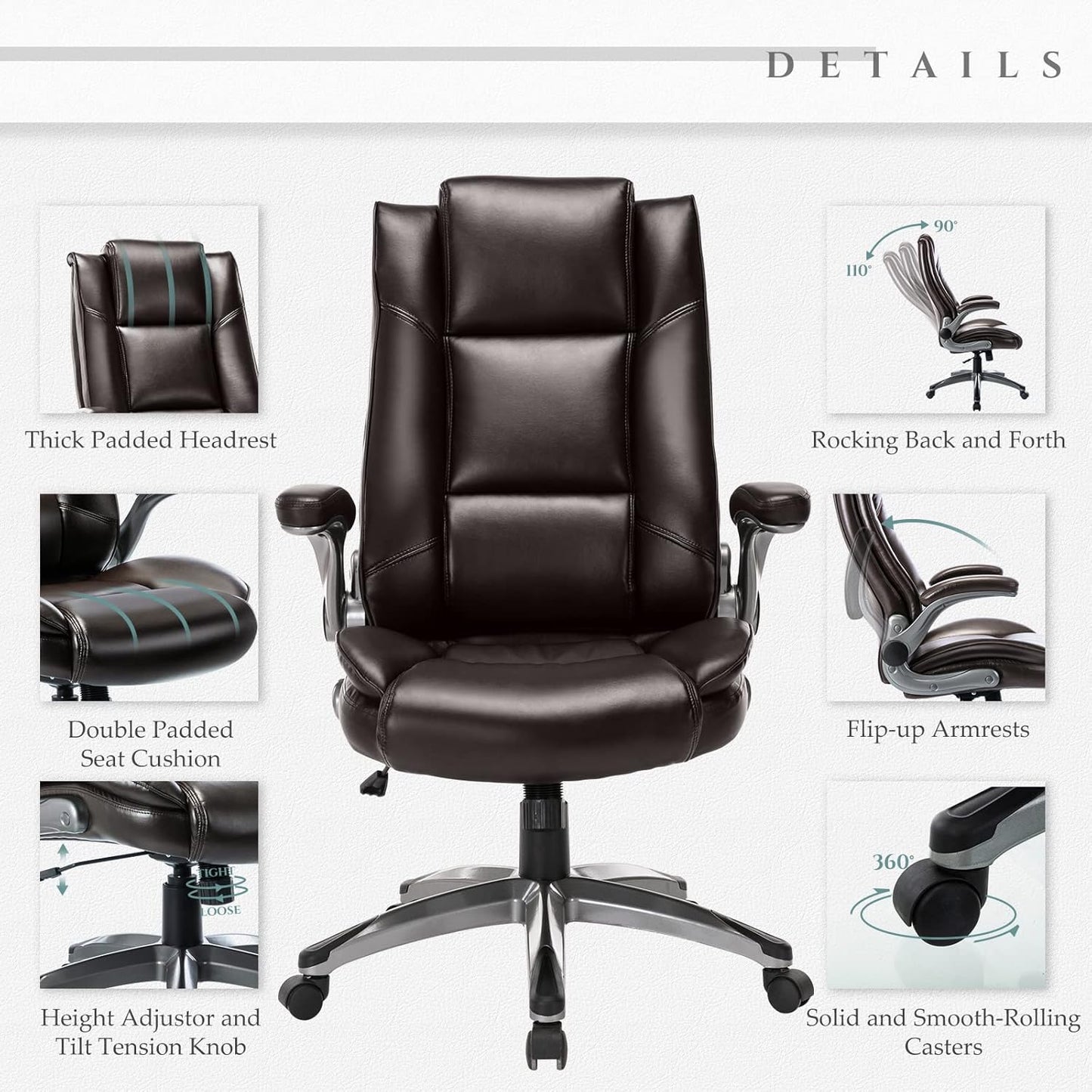 Leather Executive Office Chair - High Back Home Computer Desk Chair with Padded Flip-up Arms, Adjustable Tilt Lock, Swivel Rolling Ergonomic Chair for Adult Working Study, Brown