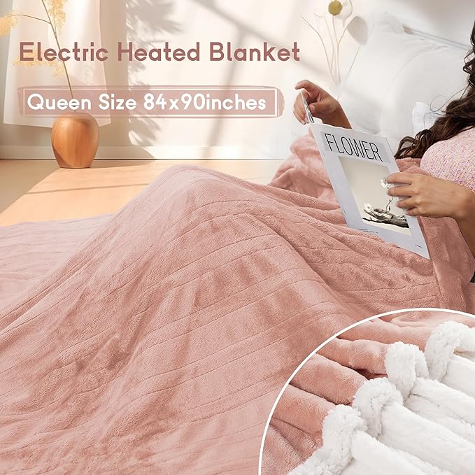 Heated Blanket Electric Blanket Queen Size 84''x90'' with 9 Heating Levels, 1-10 Hour Auto Shut Off, Machine Washable, Dual Controller Soft Warming Blanket for Couch, Bed, Office - Cozy Pink