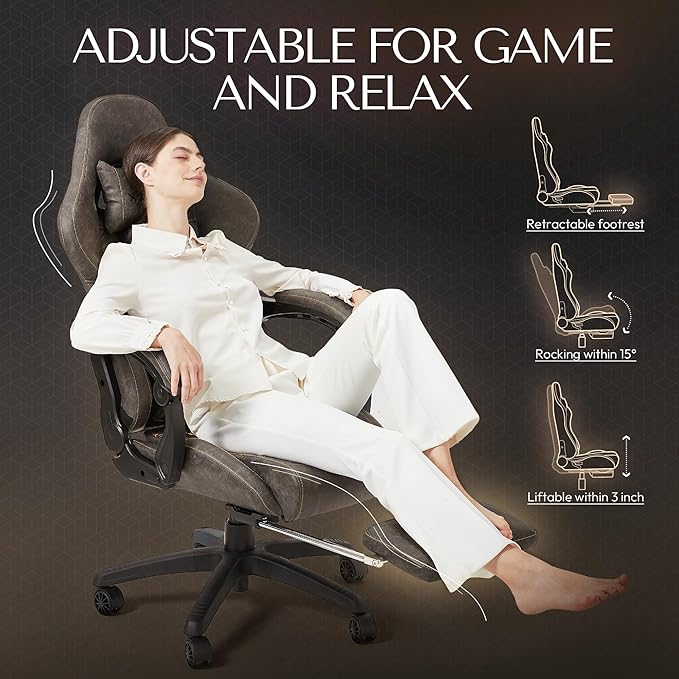 Dowinx Gaming Chair Big and Tall, Ergonomic PC Gaming Chair with Footrest & Massage, Racing Style Reclining Computer Chair for Adults, 400LBS Capacity - Heavy Duty Gamer Chair, Brown