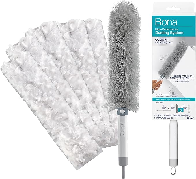 Bona High Performance Dusting System - 1 Compact Handle, 5 Disposable Dusters, & 1 Reusable Duster - Compact Dusting Kit Removes Dust & Pet Hair
