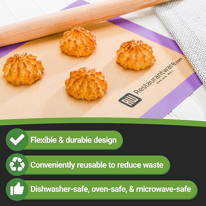Restaurantware Half Size Baking Mat 1 Heat-Resistant Cooking Mat - Allergen-Safe Reusable And Ultra-Durable Tan And Purple Silicone Nonstick Mat For Pans And Rolling 11.8 x 15.75 Inch