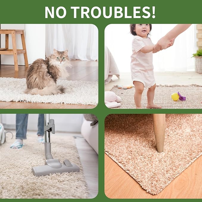 Rug Tape,12Pcs Non Slip Grippers for Rug,Double Sided Reusable Rug Stopper Keep Area Rugs Corners from Curling and Bunching,Washable Rug Pad Grippers for Hardwood Floors, Tile Floors (White)