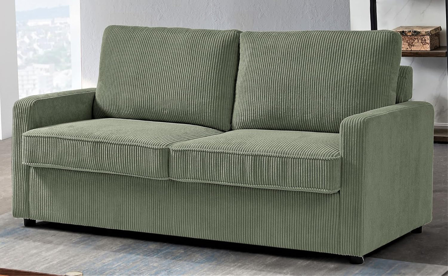 Reversible Sleeper Sofa Bed with Comfortable Memory Foam Mattress, Convertible Corduroy Full Size Pull Out Couch for Living Room, Space Saving Furniture, 70" Wide, Rectangular Arms, Dark Green