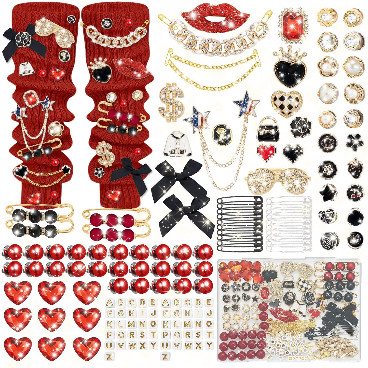 Auliand 137 Pcs Junk Socks Charms Kit, Brooches and Pins for Women, Shoe Charms with Pearl Safety Pins and Brooch Buttons, Teen Girl DIY Accessories for Decorating Socks, Clothes (Black & Red)