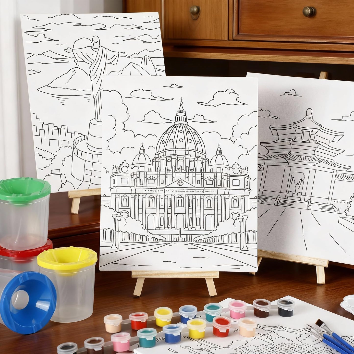 Sherr 140 Pcs 20 Set Pre Drawn Canvas Kit for Painting Craft Sip and Paint Kit for Adults Pre Printed Canvas Painting Favor for Virtual DIY Birthday Gifts Adult's Date Party(Landmarks)