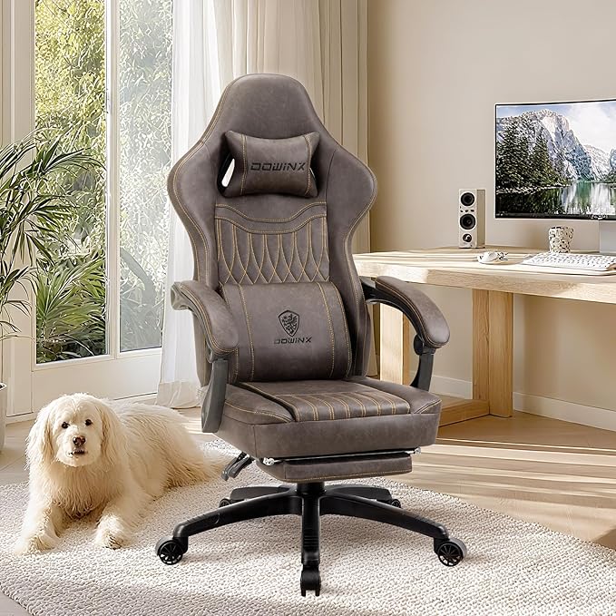 Dowinx Gaming Chair Breathable PU Leather Gamer Chair with Footrest Massage Lumbar Support, Big and Tall Ergonomic Reclining Computer Chair with Pocket Spring Cushion for Adults Teens (Brown)