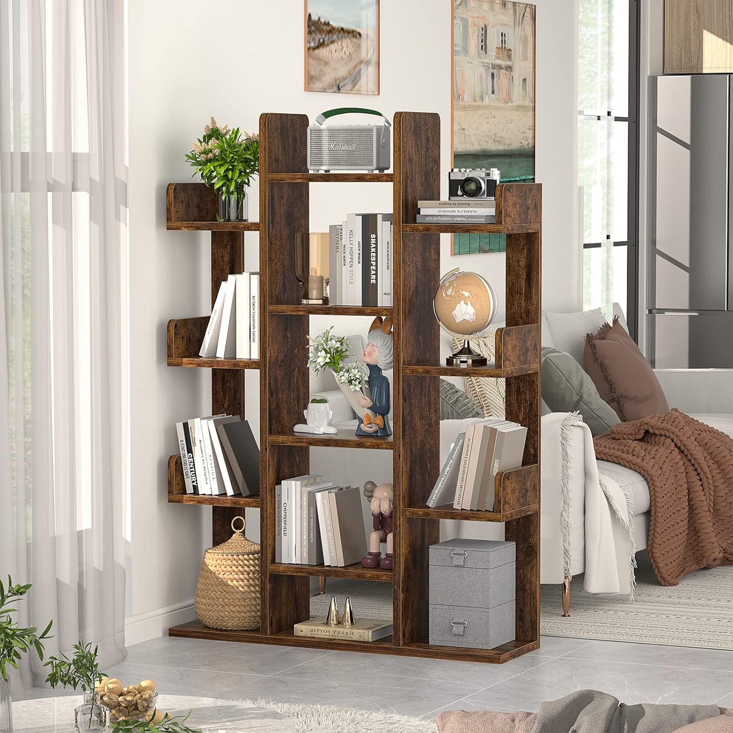 Aheaplus Bookshelf, Tree-Shaped Bookcase Storage Shelf with 13 compartments, Books Organizer Display Cube Shelves, Industrial Free Floor Standing Wood Open Bookshelves for Home