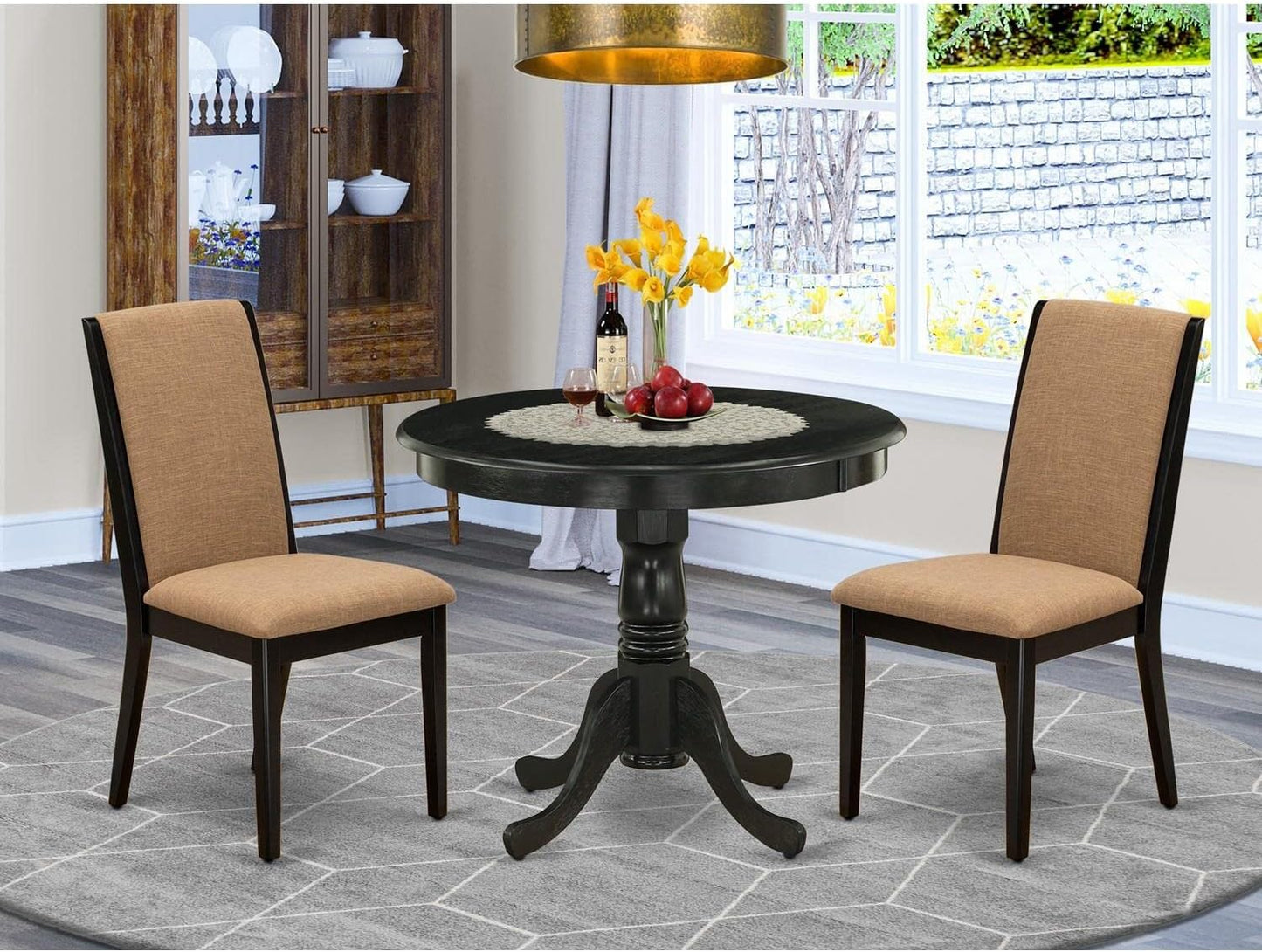 East West Furniture ANLA3-ABK-47 3 Piece Dining Room Furniture Set Contains a Round Kitchen Table with Pedestal and 2 Light Sable Linen Fabric Parson Dining Chairs, 36x36 Inch, Wirebrushed Black