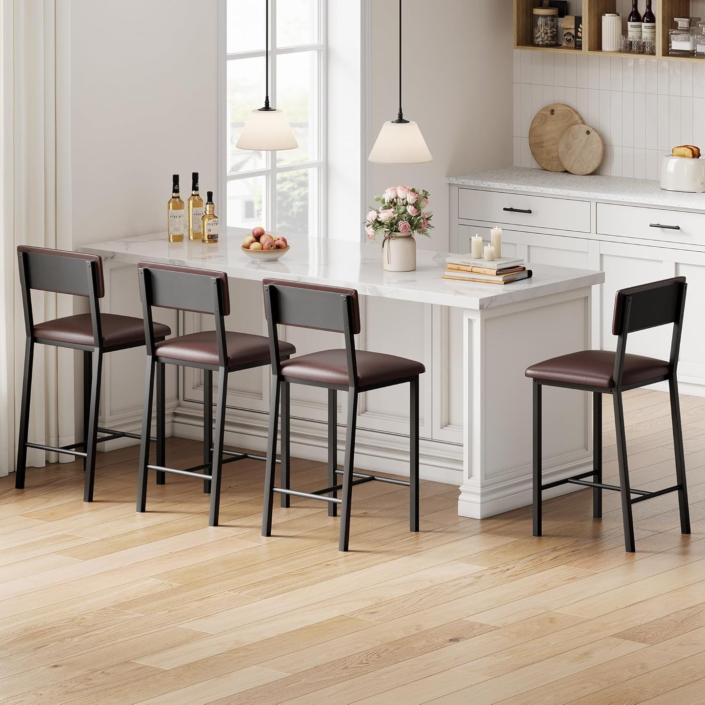 Garvee Bar Stools Set of 4, Kitchen Barstools with Thick Cushion, 25 Inch Counter Height Bar Stools with Backrest and Footrest, for Dining Room, Kitchen Island Counter Chairs, Retro Brown