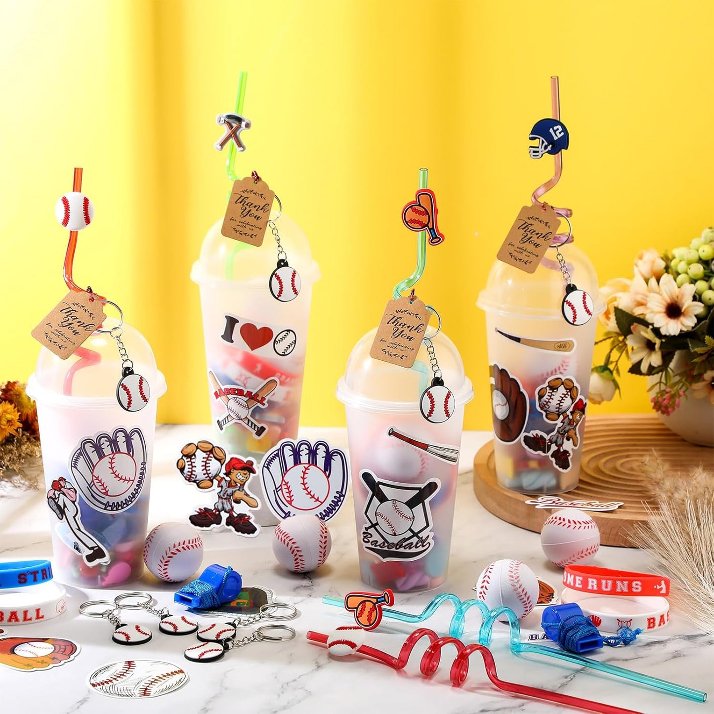 Weysat 184 Pcs Baseball Party Favors Party Supplies with Cup Straw Stress Ball Keychain Sticker Bracelet Whistle Thank You Tags for Birthday Decorations (Baseball)
