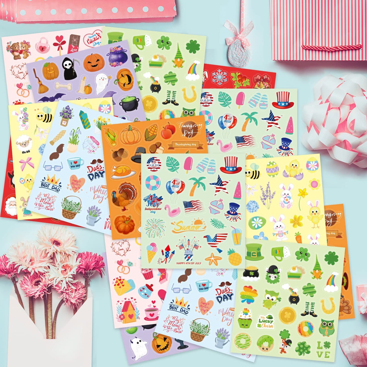 Treasure Cove Holiday Stickers Assortment Seasonal Sticker Sheets for Kids Crafts Halloween Thanksgiving Christmas Birthday Party Decorations Supplies 16 Sheets 400Pcs