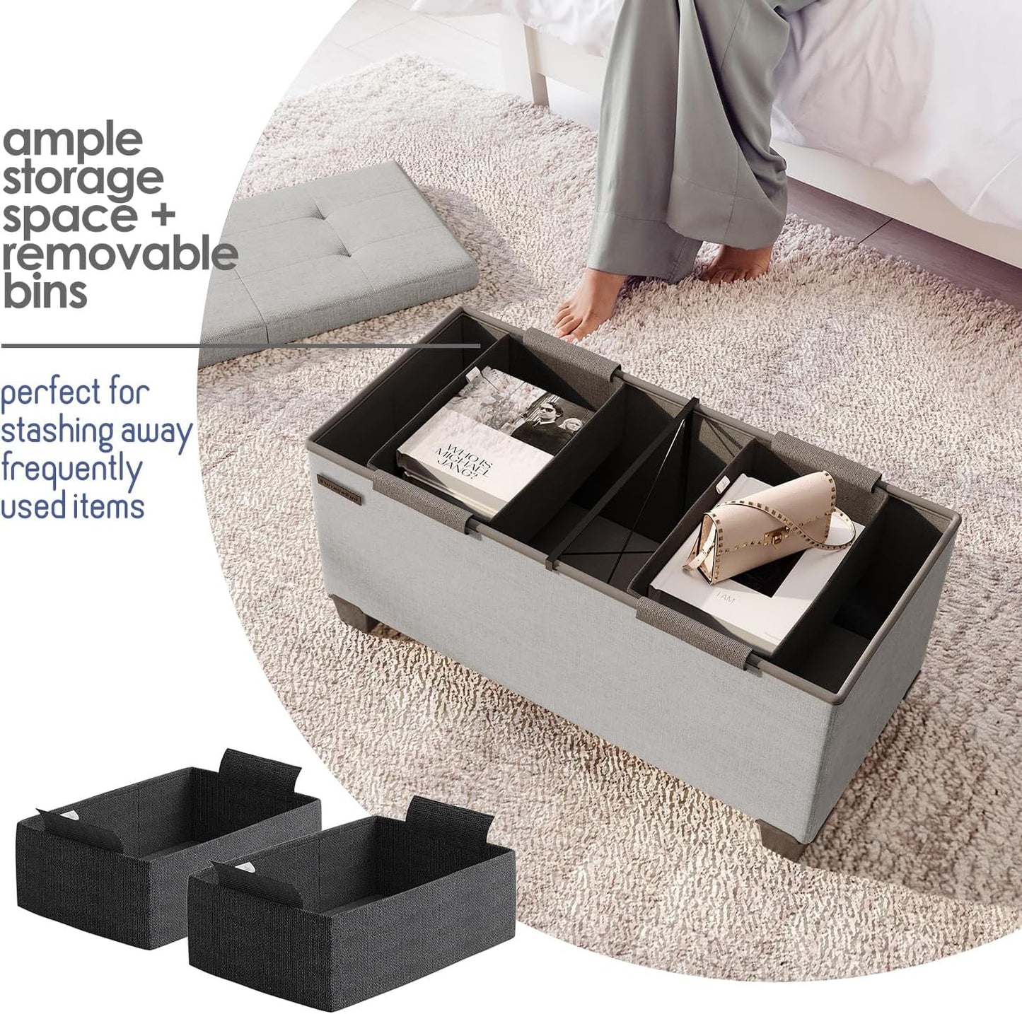 STORAGEBUD Storage Ottoman Bench with Bins, 30-in Storage Bench for Bedroom End of Bed, Folding Foot Rest Ottoman for Living Room Max 660lbs, Fabric Ottomans, Light Grey