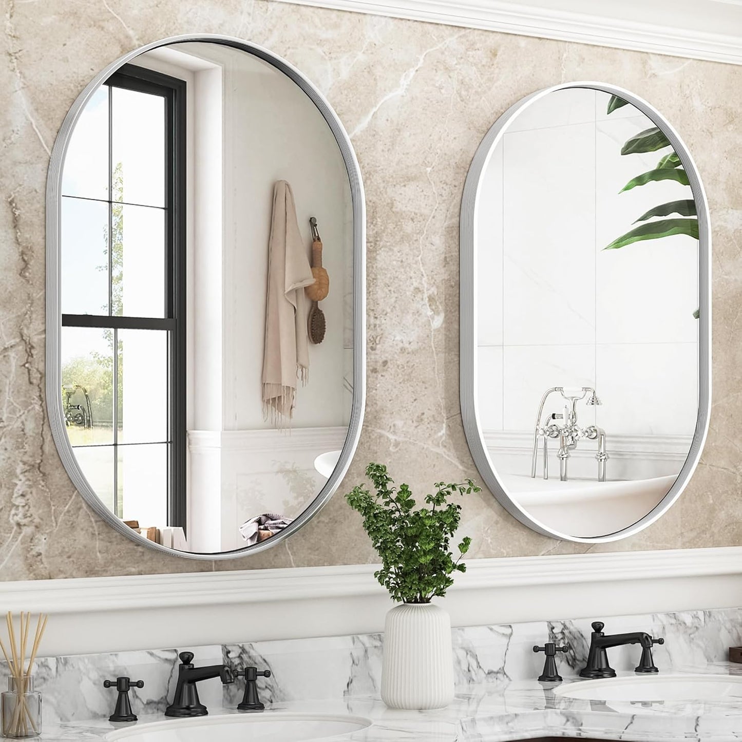 Suidia 22" x 30" Bathroom Mirror, Bathroom Vanity Mirror Metal Framed, Wall-Mounted Mirrors for Bedroom, Living Room, Entryway, Hallway, Silver, Oval Style